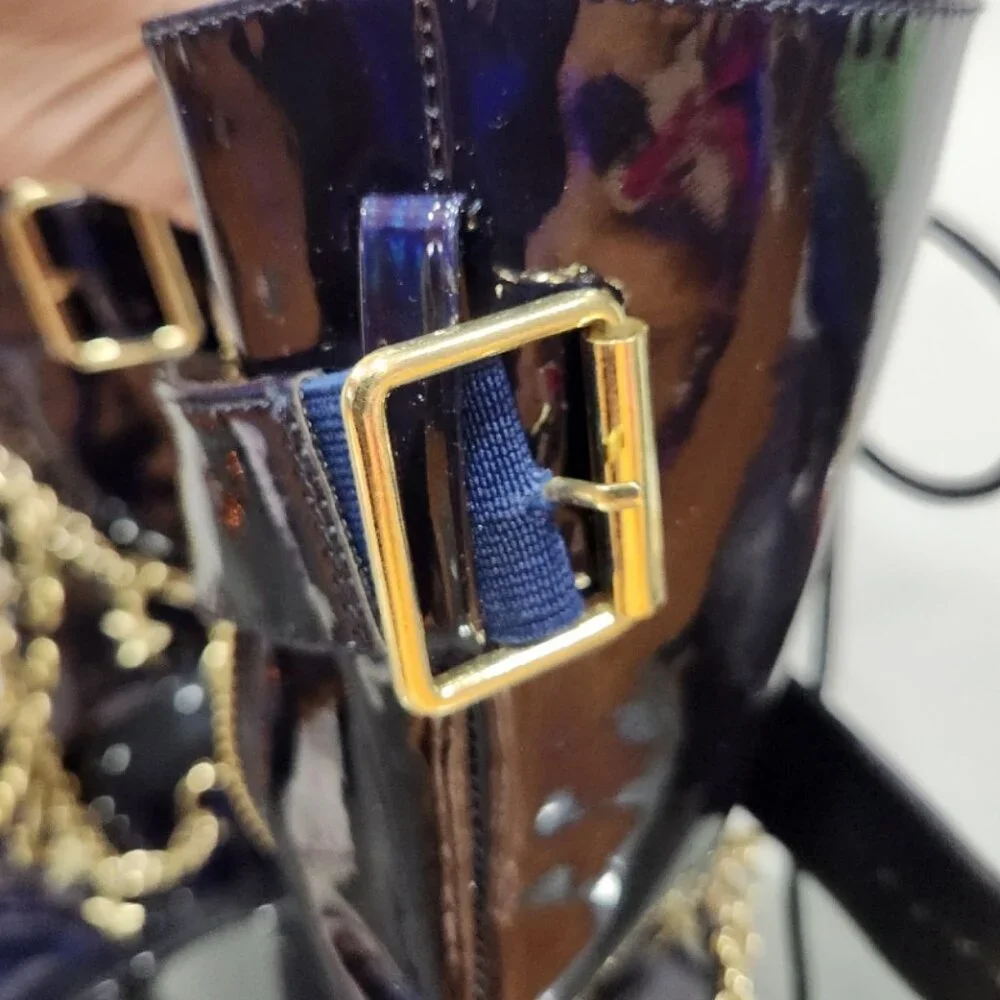 🦋🔥💋HOT ITEM! 💋🦋🔥Holographic Midnight Blue Moon & Star Chain Leather Boots
